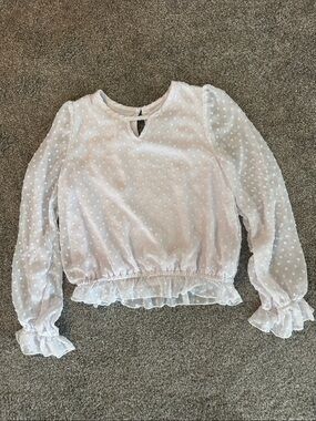 Iz Byer White Swiss Dot Long Sleeve Ruffle Hem Top